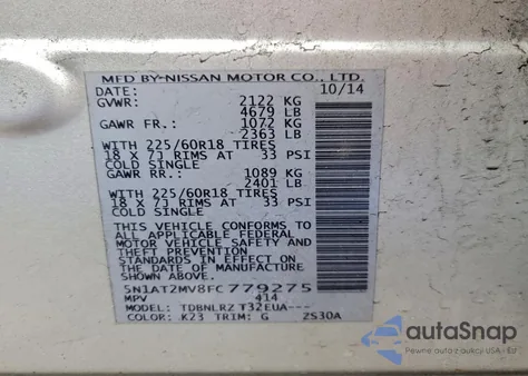 2015 Nissan Rogue S z USA, uszkodzony, nr VIN 5N1AT2MV8FC779275